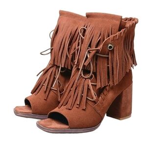 MJUS Fringed Boots Lace Up Open Toe Chunky Heel Orange Suede